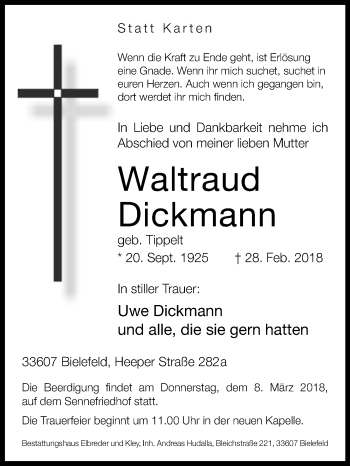 Traueranzeige von Waltraud Dickmann von Westfalen-Blatt