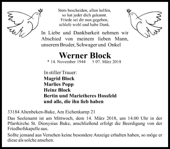 Traueranzeige von Werner Block von Westfalen-Blatt