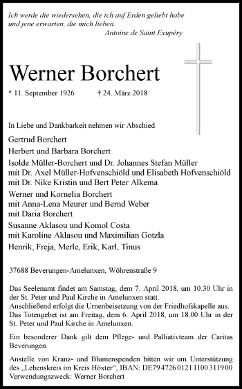 Traueranzeige von Werner Borchert von Westfalen-Blatt