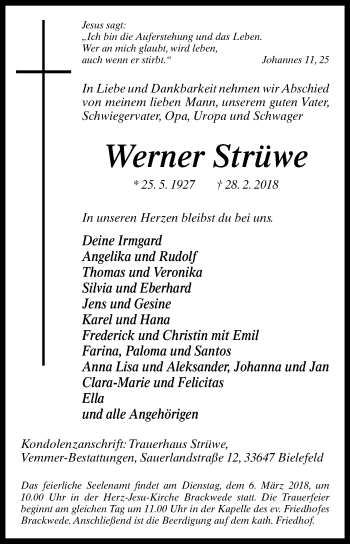 Traueranzeige von Werner Strüwe von Westfalen-Blatt