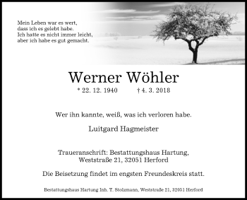 Traueranzeige von Werner Wöhler von Westfalen-Blatt