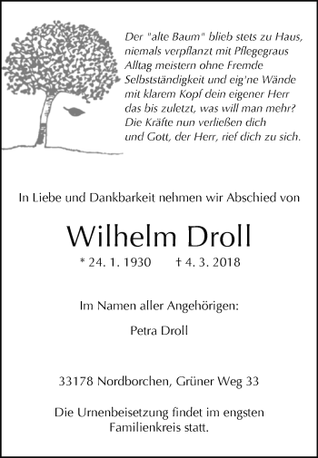 Traueranzeige von Wilhelm Droll von Westfalen-Blatt