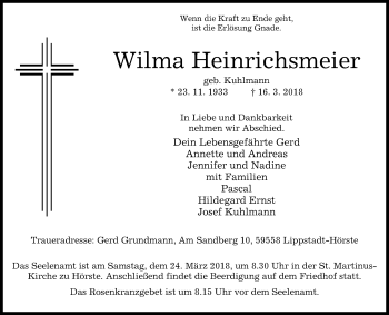 Traueranzeige von Wilma Heinrichsmeier von Westfalen-Blatt