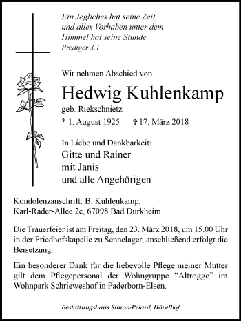 Traueranzeige von Hedwig Kuhlenkamp von Westfalen-Blatt