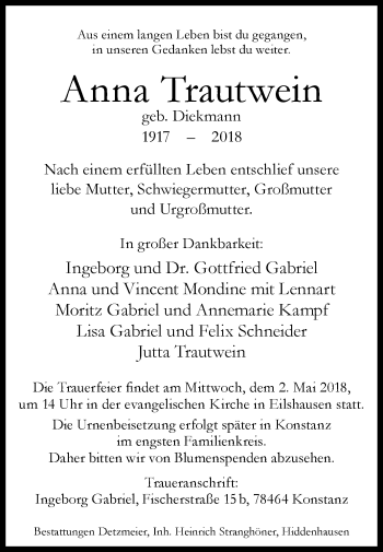 Traueranzeige von Anna Trautwein von Westfalen-Blatt