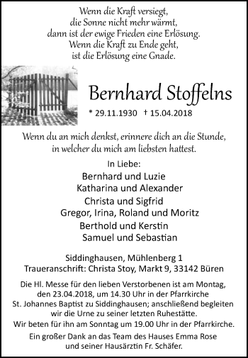 Traueranzeige von Bernhard Stoffelns von Westfalen-Blatt