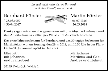 Traueranzeige von Bernhard Förster von Westfalen-Blatt