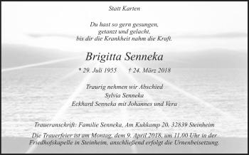 Traueranzeige von Brigitta Senneka von Westfalen-Blatt