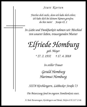 Traueranzeige von Elfriede Homburg von Westfalen-Blatt