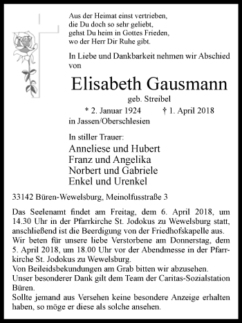 Traueranzeige von Elisabeth Gausmann von Westfalen-Blatt