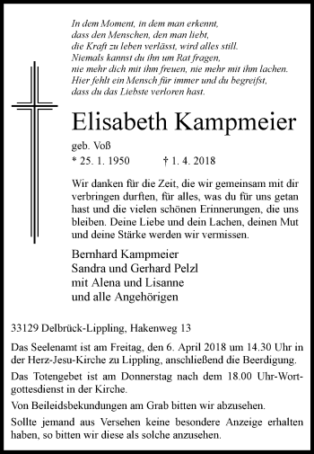 Traueranzeige von Elisabeth Kampmeier von Westfalen-Blatt