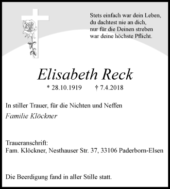 Traueranzeige von Elisabeth Reck von Westfalen-Blatt