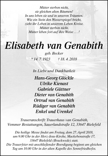 Traueranzeige von Elisabeth van Genabith von Westfalen-Blatt