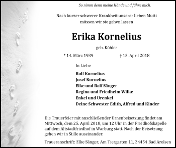 Traueranzeige von Erika Kornelius von Westfalen-Blatt