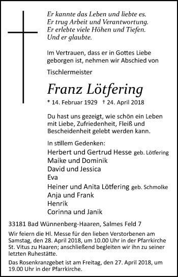 Traueranzeige von Franz Löftering von Westfalen-Blatt