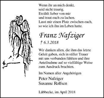 Traueranzeige von Franz Nafziger von Westfalen-Blatt