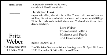 Traueranzeige von Fritz Weber von Westfalen-Blatt