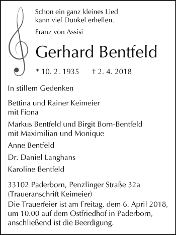 Traueranzeige von Gerhard Bentfeld von Westfalen-Blatt