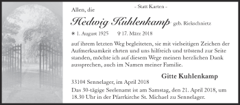 Traueranzeige von Hedwig Kuhlenkamp von Westfalen-Blatt