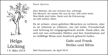 Traueranzeige von Helga Lücking von Westfalen-Blatt