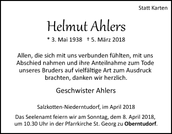 Traueranzeige von Helmut Ahlers von Westfalen-Blatt