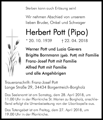 Traueranzeige von Herbert Pott von Westfalen-Blatt