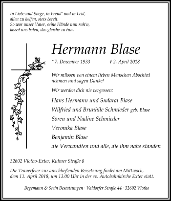 Traueranzeige von Hermann Blase von Westfalen-Blatt