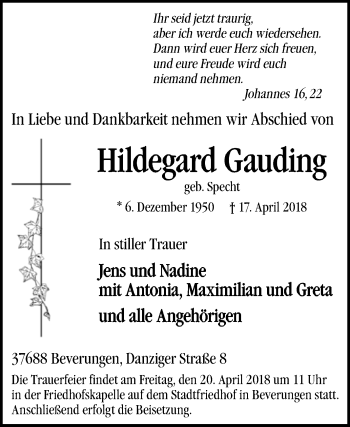 Traueranzeige von Hildegard Gauding von Westfalen-Blatt