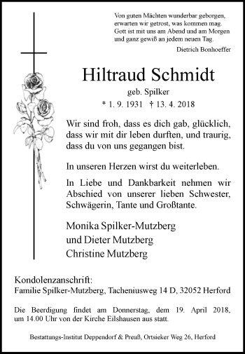 Traueranzeige von Hiltraud Schmidt von Westfalen-Blatt