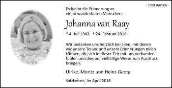 Traueranzeige von Johanna van Raay von Westfalen-Blatt