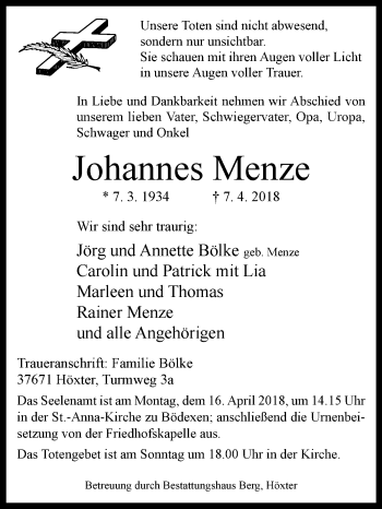 Traueranzeige von Johannes Menze von Westfalen-Blatt