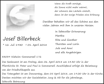 Traueranzeige von Josef Billerbeck von Westfalen-Blatt