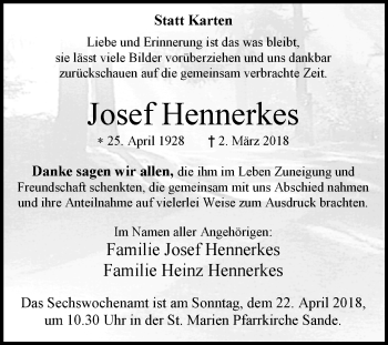 Traueranzeige von Josef Hennerkes von Westfalen-Blatt