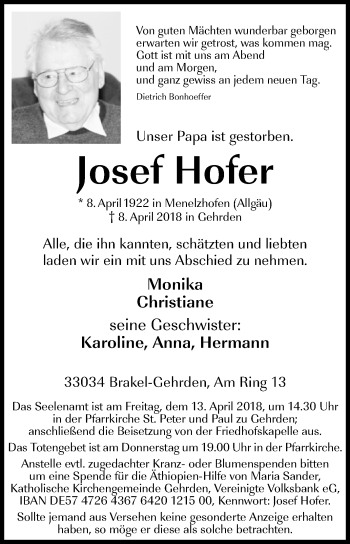 Traueranzeige von Josef Hofer von Westfalen-Blatt