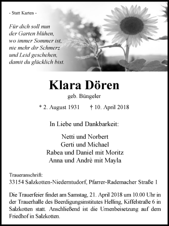 Traueranzeige von Klara Dören von Westfalen-Blatt