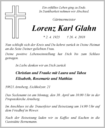 Traueranzeige von Lorenz Karl Glahn von Westfalen-Blatt