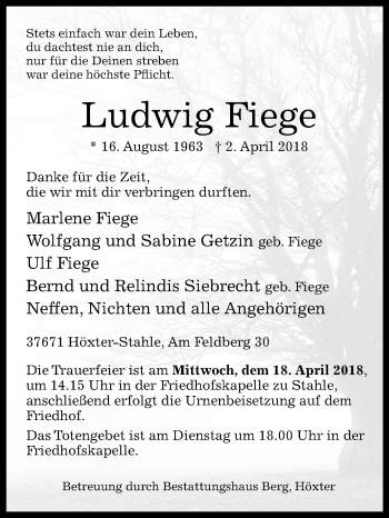 Traueranzeige von Ludwig Fiege von Westfalen-Blatt