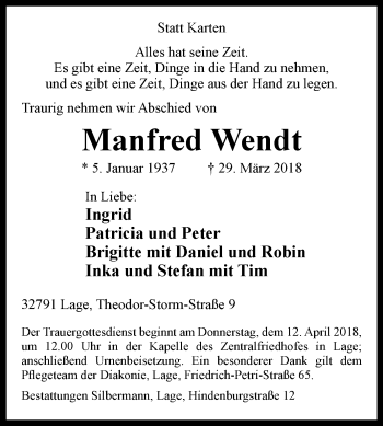 Traueranzeige von Manfred Wendt von Westfalen-Blatt