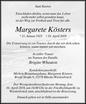 Traueranzeige von Margarete Kösters von Westfalen-Blatt