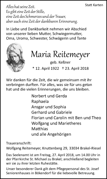 Traueranzeige von Maria Reitemeyer von Westfalen-Blatt