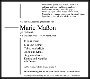 Traueranzeige von Marie Maßon von Westfalen-Blatt