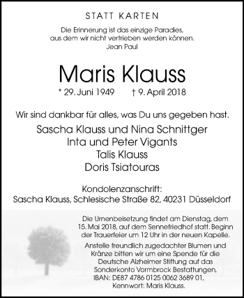 Traueranzeige von Maris Klauss von Westfalen-Blatt