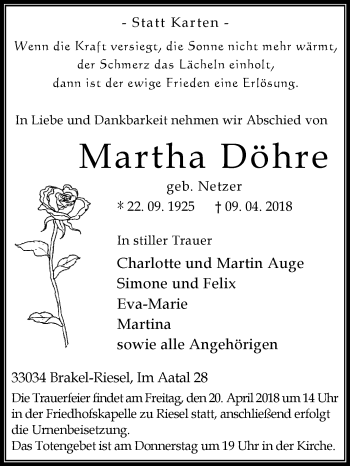 Traueranzeige von Martha Döhre von Westfalen-Blatt