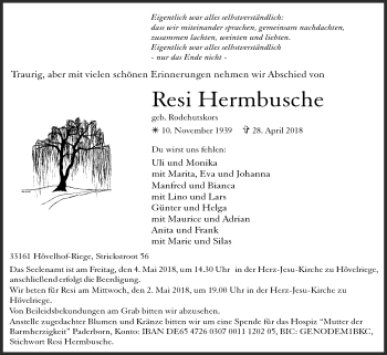 Traueranzeige von Resi Hermbusche von Westfalen-Blatt