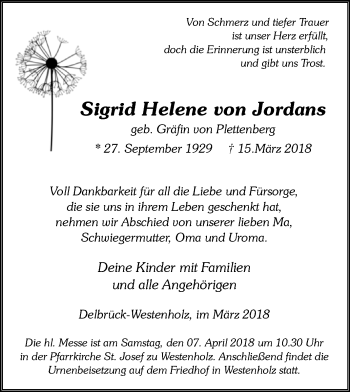 Traueranzeige von Sigrid Helene von Jordans von Westfalen-Blatt