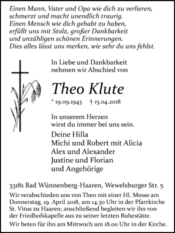 Traueranzeige von Theo Klute von Westfalen-Blatt