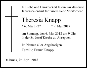 Traueranzeige von Theresia Knapp von Westfalen-Blatt