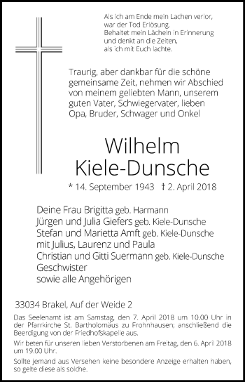 Traueranzeige von Wilhelm Kiele-Dunsche von Westfalen-Blatt