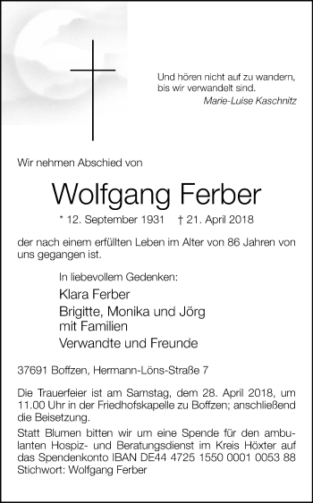 Traueranzeige von Wolfgang Ferber von Westfalen-Blatt