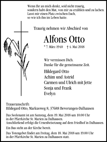 Traueranzeige von Alfons Otto von Westfalen-Blatt
